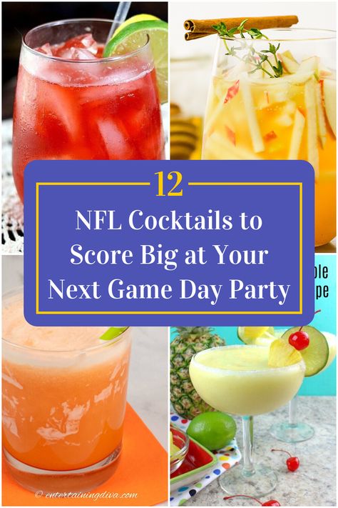 Collage of 4 nfl cocktails. Nfl Inspired Cocktails, Football Cocktail Recipes, Football Party Cocktails, Sunday League Football, Football Themed Drinks, Football Cocktails, Super Bowl Party Drinks, Tailgating Cocktails, Pregame Drinks