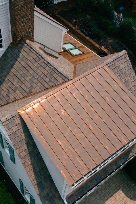 Copper roof section on a synthetic cedar shingle roof Copper Roof House Exterior Colors, Copper Roof House, Copper Metal Roof, Cedar Shake Roof, Copper House, Home Exteriors, Shed Dormer, Roof Replacement, Exterior Inspiration