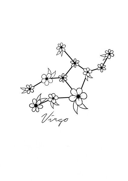 Virgo constellation with a wild flower twist. August Star Sign Tattoo, Cute Virgo Tattoos, August Tatoos, Small Tattoos Virgo, Earth Sign Tattoo Virgo, Astrology Tattoo Virgo, Virgo Star Sign Tattoo, Virgo Tatoos, Star Sign Tattoos