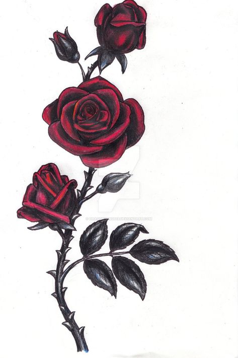 Gothic Rose by Dragonwings13 Rose And Thorns Tattoo, 3 Roses Tattoo Design, Bodhi Tattoo, Rose Vine Tattoo, Rose Thorn Tattoo, Rose Vine Tattoos, Rose Tat, Gotik Tattoo, Rose Tattoo Meaning