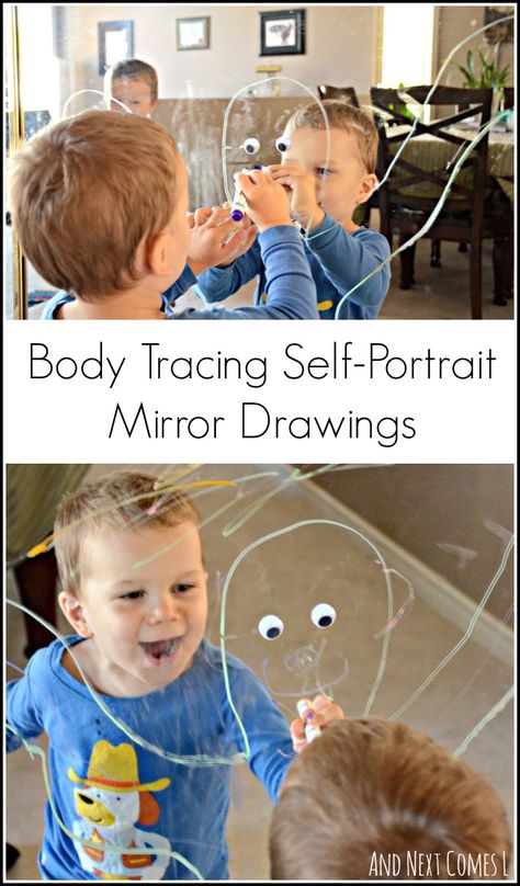 All about me: Drawing full-body self-portraits on mirrors from And Next Comes L All About Me Drawing, About Me Drawing, All About Me Eyfs, All About Me Topic, All About Me Theme, Half Mirror, All About Me Project, All About Me Preschool Theme, Portrait Mirror