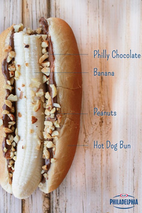 Celebrate National Hot Dog day with a sweet spin on the classic treat: Philly Chocolate, chopped peanuts and our "hot dog," a banana! #dessert Dessert Hot Dogs, Philadelphia Recipes, Dog Cart, Sweet Buns, Banana Dessert, Dog Day, Kraft Heinz, Favourite Food, A Banana