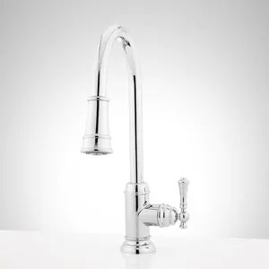 Signature Hardware Amberley Single Handle Pull Down Kitchen Faucet in Polished Chrome - SHXCAM101CP - Ferguson Single Hole Kitchen Faucet, Chrome Kitchen Faucet, Fireclay Farmhouse Sink, Kitchen Faucet With Sprayer, Chrome Kitchen, Single Handle Kitchen Faucet, Brass Faucet, Single Hole Faucet, Cleaning Dishes