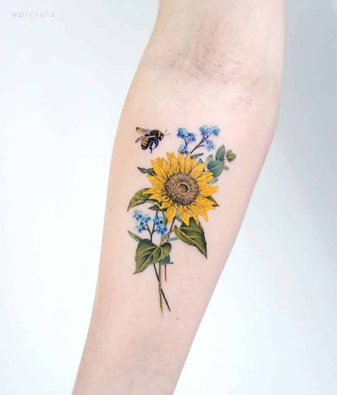 Forget Me Not Tattoo, Sunflower Tattoo Shoulder, Bouquet Tattoo, Sunflower Tattoos, Bee Tattoo, Sunflower Tattoo Design, Tattoo Cover-up, Sunflower Tattoo, Tattoos Gallery