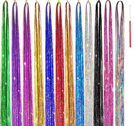 Hair Tinsel Kit 12 Colors 48 Inch 2600 Strands Hair Tinsel Strands Kit With Tools, Fairy Hair Tinsel Heat Resistant Safe hair glitter Tinsel Hair Extensions (12Colors, 2600 Strands) Fairy Hair Tinsel, Tinsel Extensions, Tinsel Hair Extensions, Strands Hair, Tinsel Hair, Hippie Braids, Holographic Hair, Hair Braiding Tool, Braid Tool