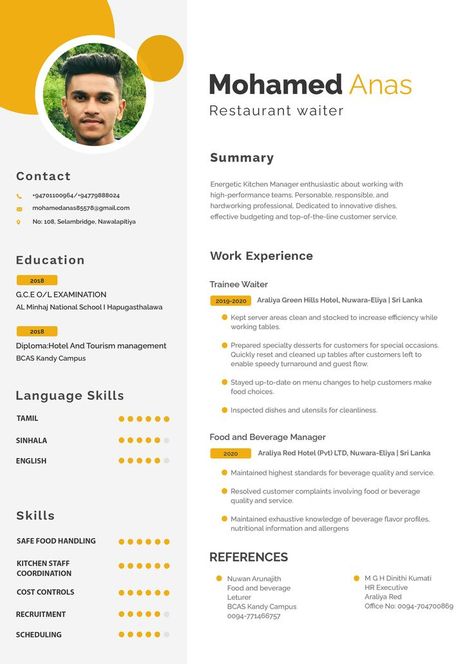 Resume Design 5 Work Experience Resume, Tourism Management, Nuwara Eliya, Resume Design, Work Experience, Budgeting, No Response, Education, Design