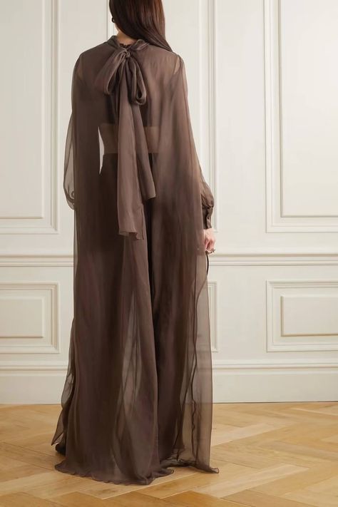 Organza Fashion, Cape Outfit, Silk Cape, Blouse Casual Fashion, Valentino Clothing, Hijabi Fashion Casual, Design Clothes, Brown Silk, Overlay Dress