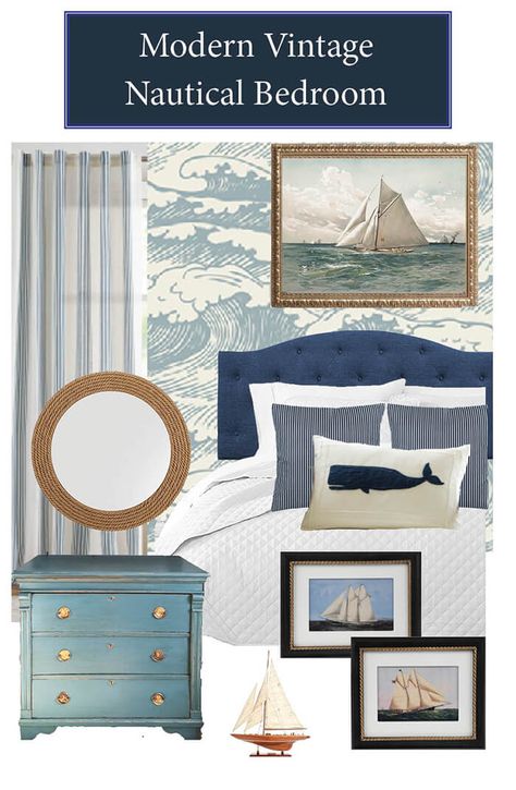 Modern Vintage Nautical Bedroom Inspo – Less Than Perfect Life of Bliss Vintage Seaside Bedroom, Vintage Nautical Bedroom, Modern Nautical Decor, Seaside Bedroom, Nautical Themed Bedroom, Lakehouse Bedroom, Vintage Nautical Decor, Blue Headboard, Nautical Bedroom