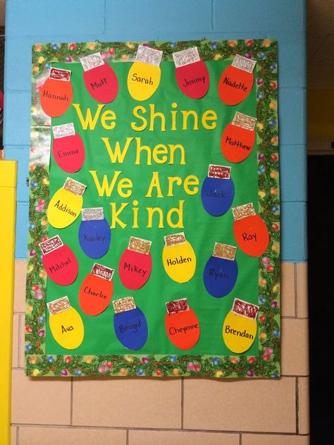 We shine when we are kind winter bulletin board Christmas Bulletin Board Ideas, December Bulletin Boards, Thumbprint Crafts, Winter Bulletin Board, Holiday Bulletin Boards, Christmas Bulletin Boards, Winter Bulletin, Christmas Classroom Door, Winter Bulletin Boards