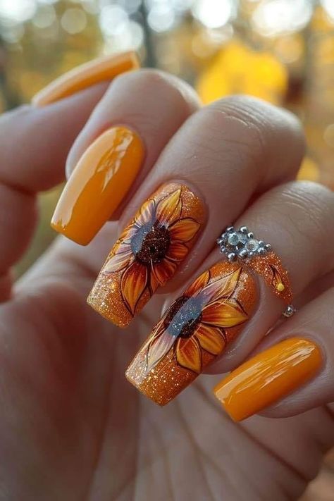 Nagellack Trends, Cute Nails For Fall, Nagel Tips, Sun Flowers, Daisy Nails, Coffin Press On Nails, Style Français, Seasonal Nails, Thanksgiving Nails