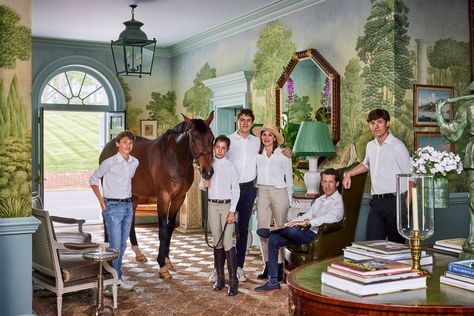 Bunny Mellon Virginia Home Vogel Family Bunny Mellon Home, Bunny Mellon Style, Bunny Mellon, Veranda Magazine, French Farmhouse Style, Floral Chair, Samuel And Sons, Scenic Wallpaper, Equestrian Estate