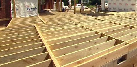 Find out the minimum size floor joists you need for building decks, sheds, or room additions for different types of wood on both 16” and 24” spacing. Foundation House, Pier And Beam Foundation, Beam House, Pallet Floors, Raised Floor, House Foundation, Different Types Of Wood, Room Additions, Best Flooring