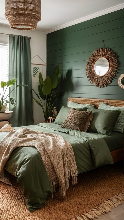 Hunter Green And Wood Bedroom, Green Velvet Bed Frame Boho, Green Bedroom Set Ideas, Green Bed Decor Ideas, Bedroom Green Accent Wall Ideas, Green Woodsy Bedroom, Green And Brown Bedrooms, Forrest Green Color Scheme Bedroom, Teen Girl Bedroom Ideas Green