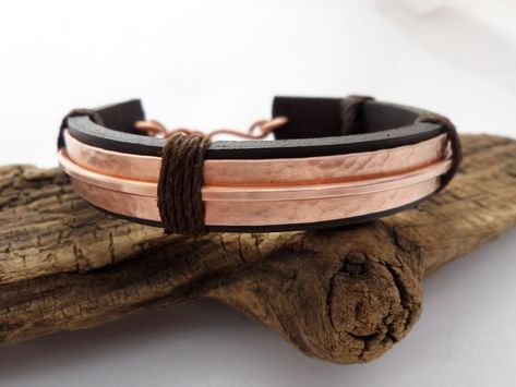 Leather And Copper Bracelet, Mens Copper Bracelet, Men Leather Bracelet, Leather Bracelet Men, Leather Anniversary Gift, Copper Anniversary Gifts, Copper Anniversary, Copper Design, Leather Anniversary