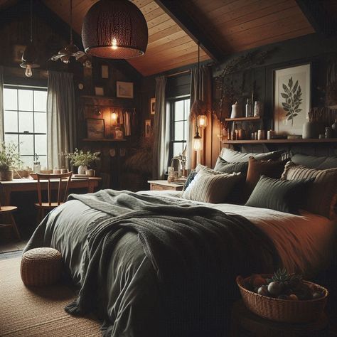 Dark Academia Boho Bedroom, Moody Forest Aesthetic Bedroom, Man's Bedroom, Dark Attic Room, Simple Rustic Bedroom Ideas, Dark And Wood Bedroom, Dark And Moody Cabin, Dark Academia Attic Bedroom, Dark Cabin Bedroom