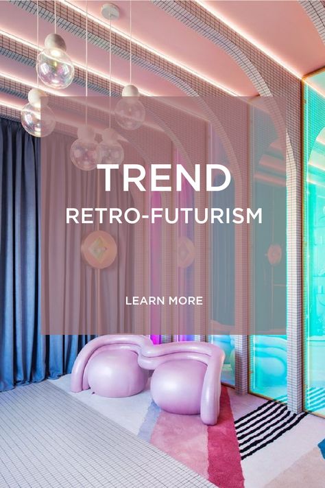 retro-futurism in interior design Futuristic Style Interior Design, Retro Future Aesthetic, Retro Futurism Interior Design, Futurism Interior Design, Futuristic Moodboard, Futuristic Club, Retro Futurism Design, Retro Futuristic Aesthetic, Futuristic Event