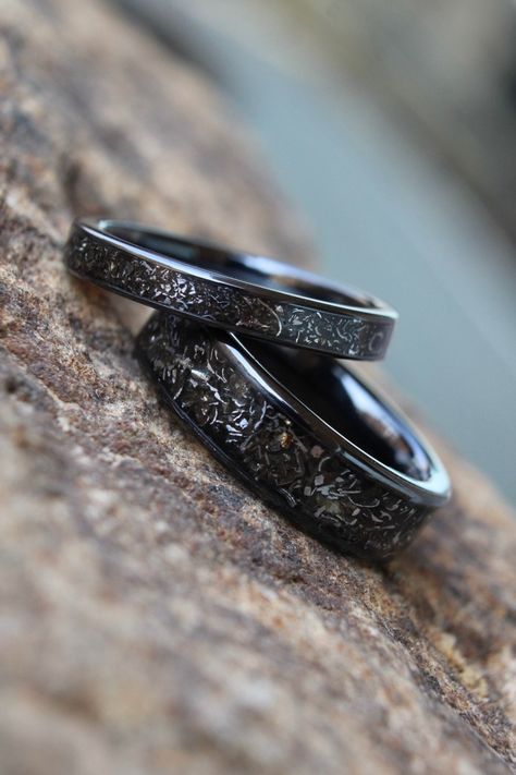 NEW DESIGN Meteorite and titanium ring set | beautiful & special jewellery | handmade and bespoke  wedding ring set | titanium carbide (ceramic) ~ There are billions of people in this world but there is & forever will be only one you!  ~ Just as there are billions of rings in this world...there is & will forever be only one us! ~ Awadicreates proudly and passionately create and handcraft all of our stunning rings over hours of work dedicated by hand and eye to leave you with a finished result of Mens Wedding Bands Vintage, Goth Wedding Ring, Her Wedding Rings, His And Hers Ring, Engagement Rings For Her, Wedding Rings For Him, Meteorite Wedding Rings, Wedding Rings Emerald Cut, Engagement Ring For Him