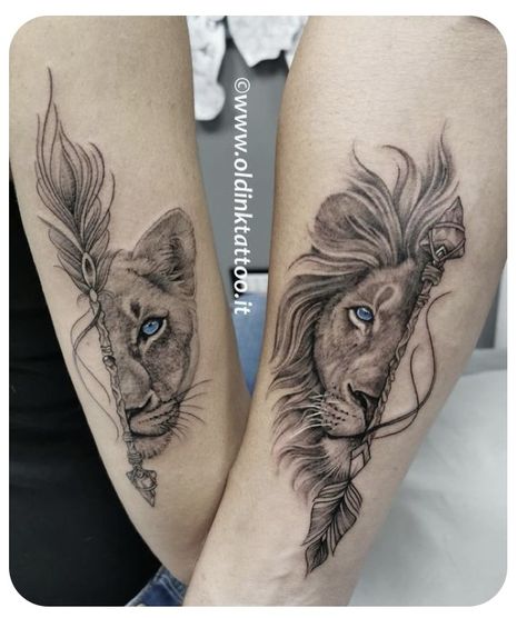 Couples Lion Tattoo, Partner Tattoos, Tattoo Artist Tattoo, Best Couple Tattoos, Lioness Tattoo, Cute Couple Tattoos, Couple Tattoos Unique, Lion Head Tattoos, Couples Tattoo Designs