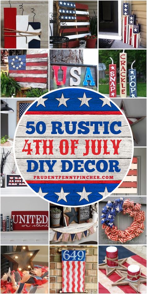 Add patriotic country charm to your home with these DIY rustic 4th of July decor ideas. From rustic 4th of July centerpieces to outdoor 4th of July decorations, there are plenty of ways give your home a patriotic makeover with a rustic touch. Wooden Firecrackers Diy, Firework Decorations Diy, Patriotic Signs Diy, Diy Fourth Of July Decorations, Farmhouse 4th Of July, Pallet Flag, Patriotic Centerpieces, Crafts 2023, Patriotic Diy