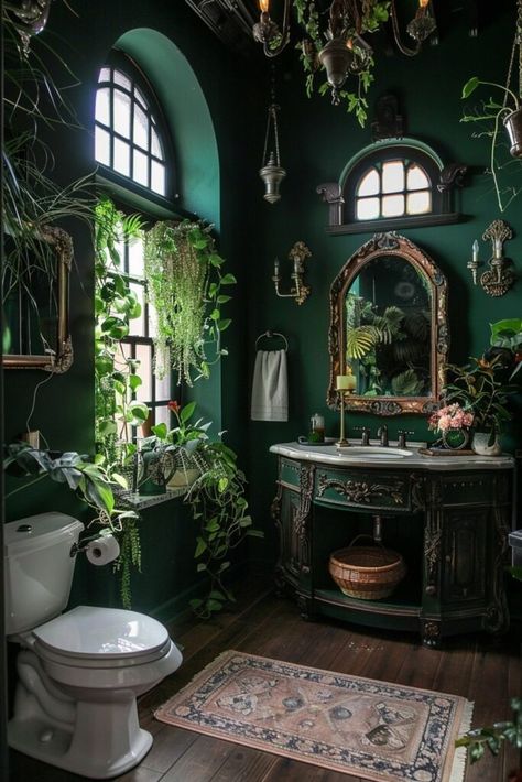 21 Gothic Bathroom Interior Concepts To Fuel Your Dreams! - My Decor Inspo Cottagecore Bedrooms, Modern Gothic Home, Gothic Bathroom Ideas, Maximalist Bedroom Ideas, Drømme Bad, Gothic Interior Design, Serene Spaces, Dark Green Bathrooms, Gothic Bathroom