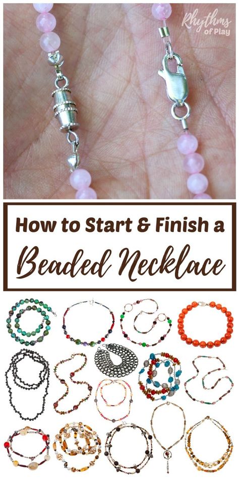 DIY jewelry making tutorials and simple ideas for beginners. Learn 3 easy ways to start and finish a beaded necklace or bracelet; infinity, clamshell knot covers, and crimp beads or tubes and pliers. Includes links to jewelry and bead supplies, fun projects, and resources. Diy Jewelry Making Tutorials, Jewerly Making, Crimp Beads, Handmade Jewelry Tutorials, Jewelry Techniques, Homemade Jewelry, Jewelry Making Tutorials, How To Make Necklaces, Diy Schmuck