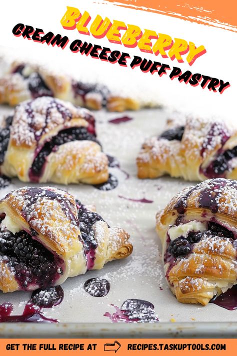 Discover the delightful fusion of flavors with our Blueberry Cream Cheese Puff Pastry recipe. This delectable treat features a flaky, golden pastry enveloping a rich, creamy filling studded with juicy blueberries. Perfect for brunch or as a sweet snack, these pastries are remarkably easy to make and are sure to impress your family and friends. Elevate your baking game and indulge in this irresistible combination of textures and tastes. Follow along for step-by-step instructions and tips to achieve pastry perfection! Puff Pastry Blackberry Recipes, Blueberry Pastry Recipes, Sweet Loren’s Puff Pastry, Blueberry Puff Pastry Recipes, Blueberry Cream Cheese Puff Pastry, Cream Filled Puff Pastry, Puff Pastry Chocolate, Cream Cheese Puffs, Cream Cheese Puff Pastry