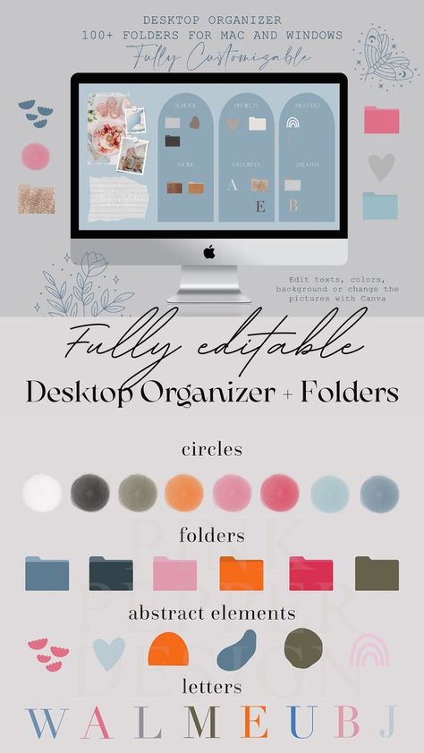 After so many request here is my newest fully editable Dekstop Wallpaper Organizer. This boho and minimalist wallpaper organizer will change the whole look of your computer or notebook. The template is fully editable with the free Canva, which is available in desktop, iPad or phone version. #dekstoporganizer #appcovers Organize Computer Desktop, Free Desktop Icons, Cover App, Wallpaper Organizer, Boho Fonts, I Heart Organizing, Folder Cover, Social Media Branding Design, Desktop Wallpaper Organizer