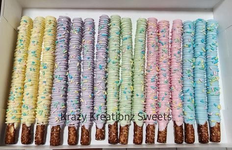 Each order includes 1 dozen individually wrapped pastel chocolate covered pretzels  Sprinkles may vary based on availability Ice Cream Theme Pretzel Rods, Pastel Sweet Table, Pastel Color Treats, Pastel Pretzel Rods, Pastel Candy Party, Princess Pretzel Rods, Pastel Chocolate Covered Pretzels, Pastel Rainbow Treats, Unicorn Pretzel Rods