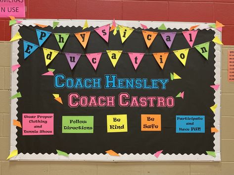 Gymnastics Bulletin Board Ideas, Pe Bulliten Boards, Coach Classroom Decor, Pe Teacher Bulletin Boards, Pe Bulletin Boards High School, Pe Office Ideas, Pe Bulletin Board Ideas, Pe Teacher Office Decor, Elementary Pe Bulletin Boards