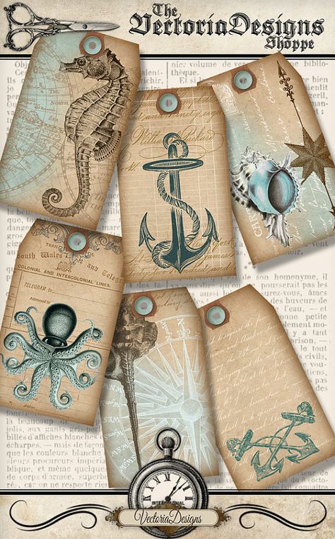 Nautical Stencils, Nautical Cards, Mixed Media Tags, Scrapbook Tag, Scrapbook Art, Journal Vintage, Handmade Gift Tags, Handmade Tags, Digital Collage Sheets