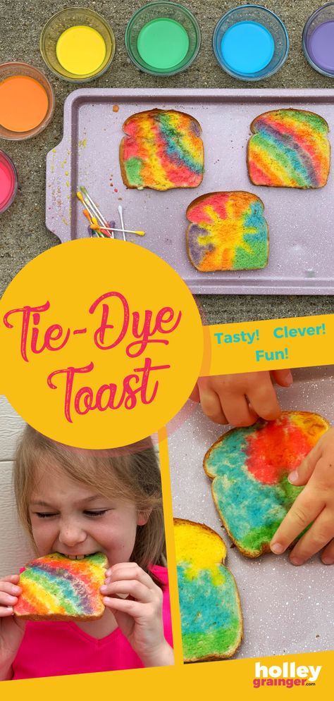 Does your child love art? Is your child into snacks? If you answered yes to these questions then consider this Rainbow Roast recipe my 10-minute gift to you. Seriously, get the kiddos set up and let them channel their inner artist and foodie. Rainbow Toast with Edible Paint makes for a fun breakfast, snack or sandwich. | Holley Grainger - Cleverful Living Rainbow Toast, Art Snacks, Spring Snacks, Rainbow Snacks, Fun Breakfast, Summer Dreaming, Food Activities, Vbs 2024, Preschool Colors