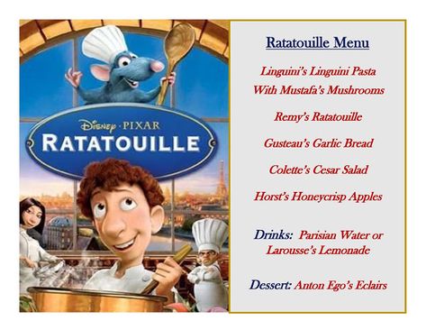 Disney Movie Themed Dinner, Family Movie Night Themes, Symptoms Of Adrenal Fatigue, Disney Movie Night Menu, Ratatouille Movie, Disney Themed Movie Night, Disney Movie Night Food, Pixar Studios, Disney Themed Food