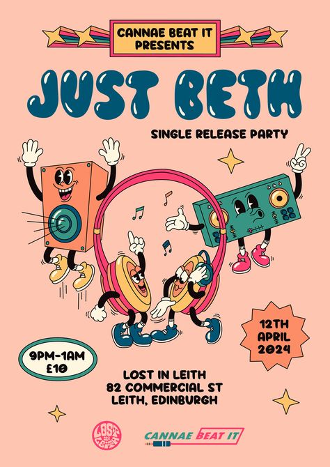 Retro Music Illustration, Fun Event Poster, Retro Cartoon Poster, Dj Cartoon, Headphones Cartoon, Cartoon Headphones, Music Character, Live Music Poster, Flat Design Poster