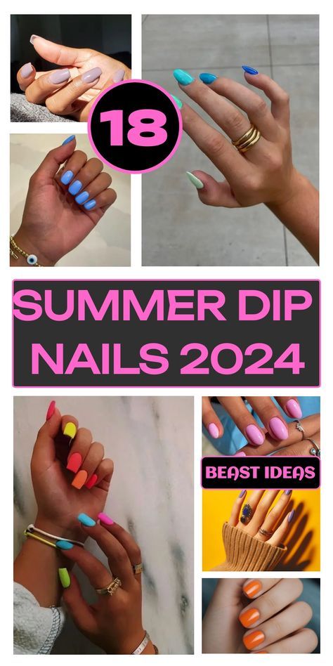 Discover the top 18 summer dip nails designs for 2024 that will make your nails look fabulous. From bright colors to cute and simple designs, our collection has everything you need. Get inspired with ideas for neon, ombre, blue, purple, and pink nails. Whether you prefer neutral tones or bold colors, these summer dip nails are perfect for the season. Stay on trend with the latest 2024 designs and find your next nail inspo here. 2024 Summer Dip Nails, Dip Nails 2024 Summer, Fun Summer Dip Nails, Bright Dip Nails For Summer, Summer Dip Nail 2024 Trends, Summer Nail Colors 2024 Dip, Summer Powder Dip Nails, Dip Powder Nails Summer 2024, Sns Nails Colors Summer