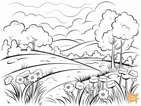 illustration of Charming meadow scene coloring Meadow Coloring Page, Peaceful Meadow, Peaceful Art, Meadow Landscape, Mandala Turtle, Serene Landscape, Peace Art, Fantasy Fairy, Colorful Landscape