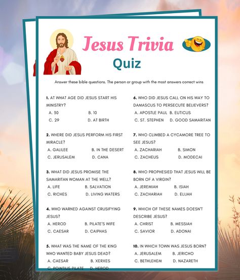 "Jesus Trivia, Trivia Questions About Jesus, Bible Games, Bible Games for Kids, Sunday School Games, Bible Study Games, Women's Ministry Games WHAT YOU GET: 1 Printable Bible Trivia Template in Size: 5 × 7\" and 8.5 x 11\"  (2 per page) 1 Answer Key Template HOW IT WORKS: After purchase, you will receive a download link where you will access your PDF files in Size: (5 × 7\") and (8.5 x 11\" - 2 per page) that you can print at home or at the printing shop. You will also receive an email from Etsy with your download(s) or feel free to log in to your account to access your downloads at any time. It is as simple as that. They print beautifully! READ THIS FIRST! --THIS IS A DIGITAL DOWNLOAD. NO PHYSICAL ITEM WILL BE SHIPPED TO YOU.  -- THESE ARE NOT EDITABLE FILES. DOWNLOAD & PRINT AS IT IS --W Bible Trivia Games For Kids, Bible Quiz Games With Answers, Bible Games For Youth Free Printables, Bible Trivia For Youth, Bible Quizzes With Answers, Bible Crossword Puzzles Free Printable, Christian Games For Youth, Bible Quiz Questions And Answers, Biblical Games