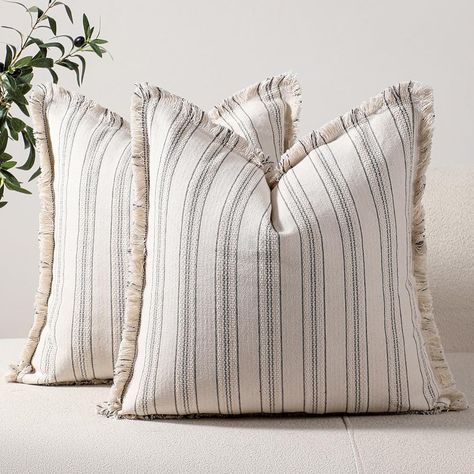 PRICES MAY VARY. Vintage 【Ideal Farmhouse decoration】The simple strips design matching with the handmade fringes brings a modern and simplistic aesthetic. The decorative pillows will go well with boho or farmhouse, ethnic, retro, and chic style decor 【Premium Canvas Fabric】Made of cotton polyester canvas, extending the life of the cover compared to other available fabrics, no bleeding, fading or wear issues, durable and washable, friendly to your skin or pets 【Exquisite Workmanship】All fabric ed Throw Pillows For Dark Leather Couch, Living Room Decor Farmhouse Modern, Throw Pillows Gray Couch, Grey Couch Throw Pillows, Modern Farmhouse Pillows, Grey Couch Accent Pillows, Farmhouse Throw Pillows, Grey Couch Throw Pillows Color Schemes, Pillow Color Combinations