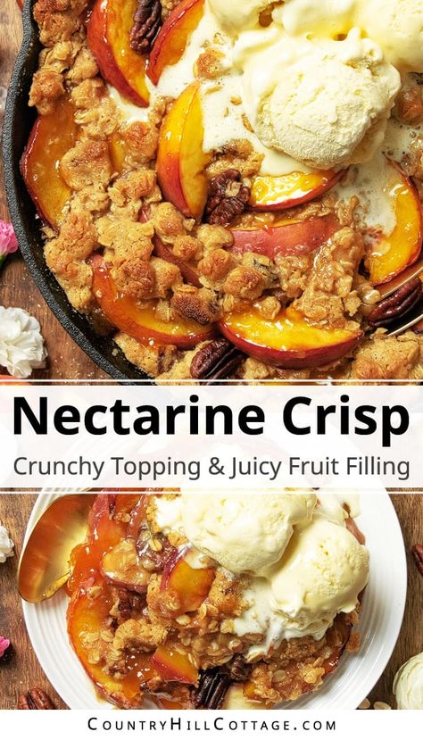 This delicious nectarine crisp is summer in a baking dish! A crunchy oat, butter, and nut topping covers a juicy, sweet layer of fresh nectarines. Enjoy this easy homemade crisp recipe with a scoop of vanilla ice cream, whipped cream, or caramel sauce on top for the perfect summer dessert and breakfast. Create variations with canned or frozen nectarines, peaches, blueberries, strawberries, blackberries, bourbon, cinnamon, pecans, walnuts, and other spices. | CountryHillCottage.com Nectarine Crisp Recipes, Frozen Nectarine Recipes, Peach And Nectarine Crisp, Recipes Using Fresh Nectarines, Canned Nectarines, Frozen Nectarines, Preserving Nectarines, Oat Butter, Cooked Nectarines