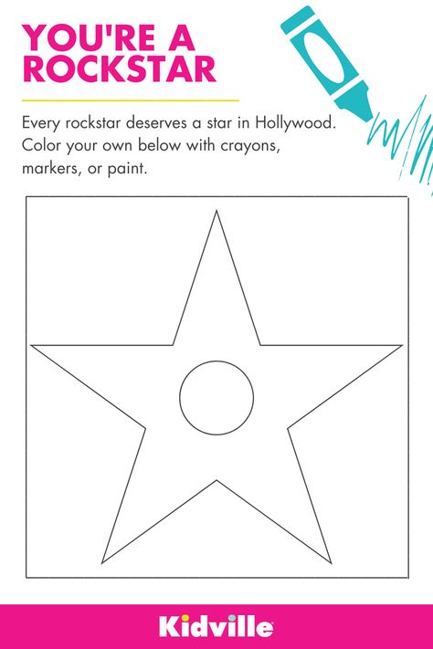 Every little rockstar of yours deserves a Hollywood star. Have your little one add their name with crayons, markers, and paint. Then, throw on some glitter for a real rockstar effect. #kidscraft #coloringpagestoprint #coloringpagesforkids Diy Walk Of Fame Stars, Hollywood Activities For Preschool, Diy Hollywood Star, Rockstar Coloring Pages, Rockstar School Theme, Hollywood Theme Crafts, Broadway Crafts For Kids, Talent Show Crafts For Kids, Hollywood Stars Walk Of Fame Diy