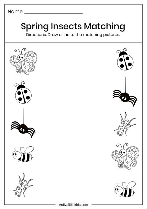 Download the free spring insects matching worksheet for preschool. Matching Worksheets For Lkg, Montessori Worksheets Preschool, Insect Theme Preschool Activities Free Printables, May Worksheets For Preschool, Spring Insects Preschool, Spring Worksheet For Preschool, Bug Learning Activities Preschool, Insect Matching Free Printable, Bug Preschool Worksheets