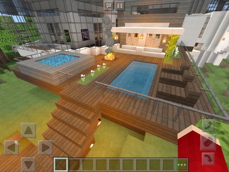 Minecraft Pool Design, Minecraft Infinity Pool, Pool Ideas Minecraft, Minecraft Pool Ideas Design, Minecraft Deck Ideas, Minecraft Hotel Lobby, Minecraft Room Ideas In Game Bedroom, Fire Pit Minecraft, Minecraft Pools