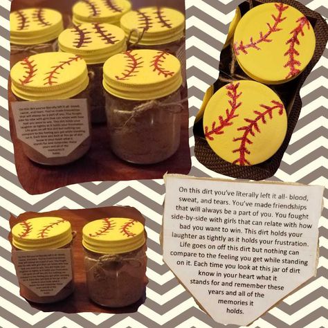 Softball Team Gifts From Coach, Homemade Softball Gifts, Softball Dirt In A Jar Quote, Softball Parade Ideas, End Of Softball Season Gifts, End Of The Season Softball Gifts, End Of The Year Softball Gifts, Softball Senior Night Gifts Diy Cute Ideas, Softball Spirit Ideas