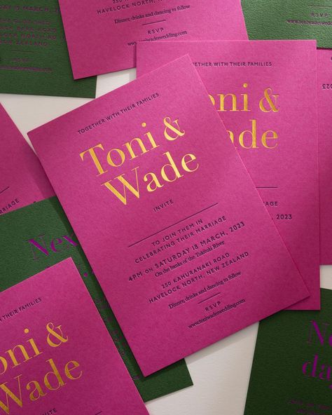 An incredible colour combination for @tonivallance___art and her partner’s invitations. Design: @hellorachelmurray Production: Foil stamped and letterpress printed on duplexed Gmund Matt Fuschia 600gsm and Woodland Shamrock 300gsm with matching envelopes assembled with a letterpress printed envelope liner Colourful Invitation Design, Emerald And Fuschia, Fuchsia Wedding Colors, Pink Wedding Stationery, Bright Pink Wedding, Studio Seven, Fuschia Wedding, Illustration Stationery, Fuchsia Wedding