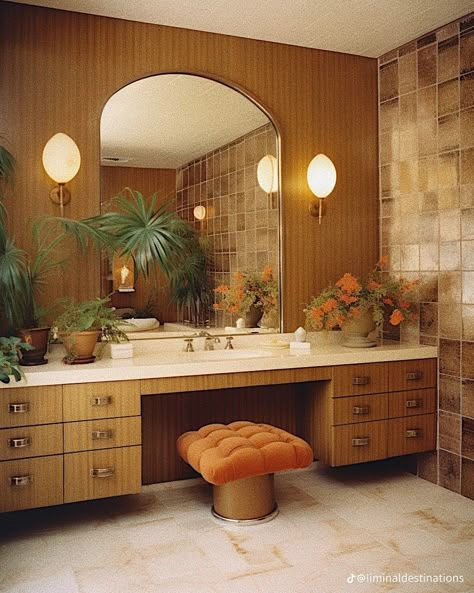 Kitchy Interior Design, 70s Retro Interior, Desert Home Aesthetic Interior, 60s Mod Interior Design, 70s Style Home Interior Design, Arch Mirror Vanity, 70s Architecture Interiors, 70s Home Decor 1970s Interior Design, Modern 70s Bedroom