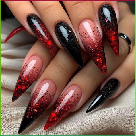 Red Black Silver Nails Design, Nail Stilleto Ideas Black And Red, Gothmas Nails, Simple Stiletto Nails Designs, Emo Christmas Nails, Christmas Stiletto Nails, Christmas Nails Stiletto, Red And Black Ombre Nails, Red And Black Stiletto Nails