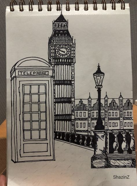 Big Ben Drawing, Sketching Easy, Black Pen Drawing, Sketch London, London Drawing, London Painting, Fineliner Art, Gcse Art Sketchbook, City Sketch