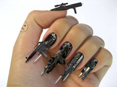 fingernailguns  For the cover of London-based magazine SuperSuper!, Laurent Theopane Bertrand created the above 3D fingernail gun art. It doesn’t come with bullets, but it is obviously the first step toward humans developing laser beam fingers, which then leads to laser beam eyes, which then leads to Cyclops, which means superheros are real. Weird Nails, Crazy Nail Designs, Nail Art 3d, Crazy Nail Art, Nail Art Images, Crazy Nails, 3d Nail Art, Cool Nail Designs, Makati