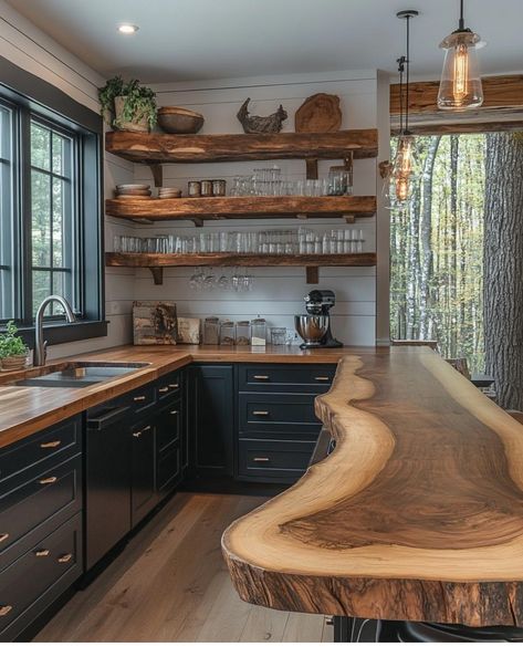 Brown Sink Kitchen, Country Cottage Farmhouse, Budget Kitchen Makeover, Cabin Kitchens, Country Style Kitchen, Dark Kitchen Cabinets, Future Home, Cottage Farmhouse, French Country Cottage