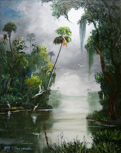 Tropical Landscape Painting, Florida Artwork, Jungle Art, Florida Art, Beautiful Oil Paintings, River Art, Herons, Landscape Art Painting, Tropical Art