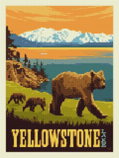 YELLOWSTONE LAKE CROSS-STITCH Western Cross Stitch, Yellowstone Cross Stitch, Hiking Cross Stitch, Cross Stitch Mountain Pattern, Cross Stitch Mountains, Yellowstone Lake, Yosemite Cross Stitch, Mountain Crochet, Wildlife Wallpaper